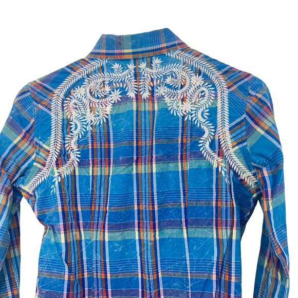 Rock & Roll Cowgirl Blue Plaid Western Snap Button Shirt SZ M Embroidered - Picture 11 of 13